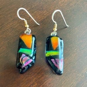 Black Multicolor Dichroic Glass Drop Dangle Earrings Geometric Rectangular
